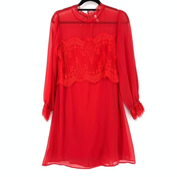 Xhilaration Women's Size Medium Sheer A-Line Dress Lace Trim Long Sleeve Red - Picture 1 of 6